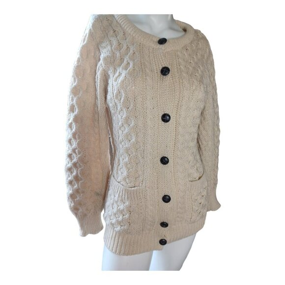 Aran Sweater Market Womens Irish Wool Cable Knit Cream Cardigan S - Picture 3 of 5